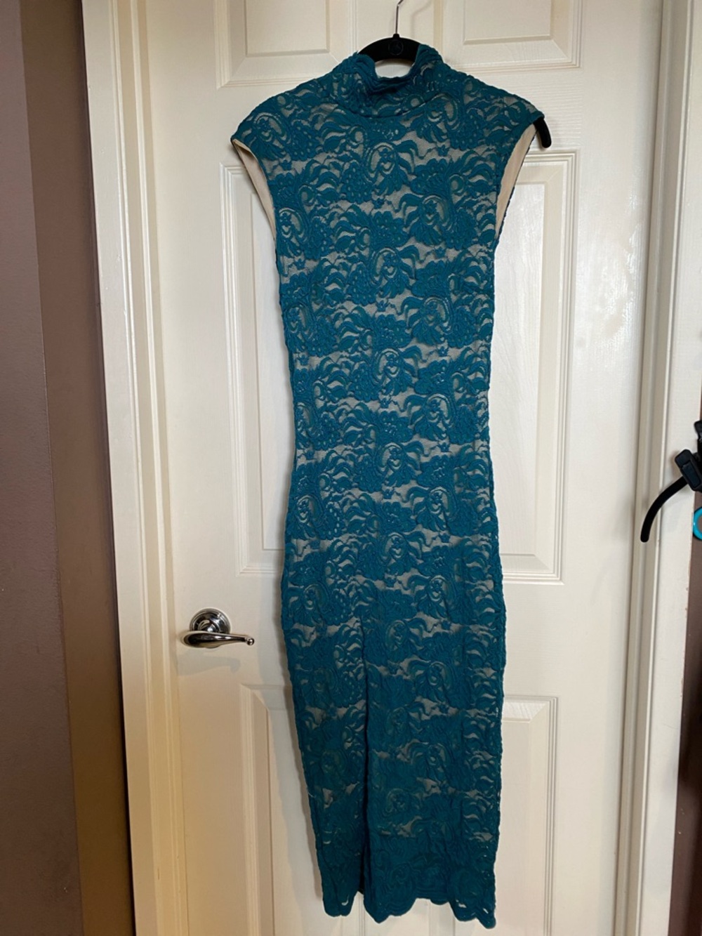 Windsor Teal Lace High-Neck Maxi Dress